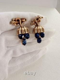 TRIFARI Pat Pend ALFRED PHILIPPE Sapphire Blue Rhinestone Grape Dangle Earrings