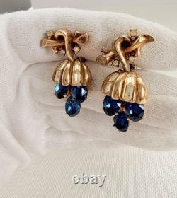 TRIFARI Pat Pend ALFRED PHILIPPE Sapphire Blue Rhinestone Grape Dangle Earrings