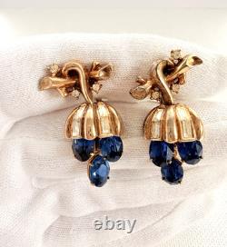 TRIFARI Pat Pend ALFRED PHILIPPE Sapphire Blue Rhinestone Grape Dangle Earrings