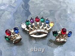TRIFARI Philippe 40s DEAREST Royal Crown Crest Coronation Brooch Pin + Earrings