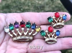 TRIFARI Philippe 40s DEAREST Royal Crown Crest Coronation Brooch Pin + Earrings