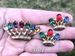 TRIFARI Philippe 40s DEAREST Royal Crown Crest Coronation Brooch Pin + Earrings