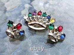 TRIFARI Philippe 40s DEAREST Royal Crown Crest Coronation Brooch Pin + Earrings
