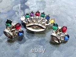 TRIFARI Philippe 40s DEAREST Royal Crown Crest Coronation Brooch Pin + Earrings