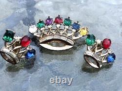TRIFARI Philippe 40s DEAREST Royal Crown Crest Coronation Brooch Pin + Earrings