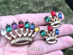 TRIFARI Philippe 40s DEAREST Royal Crown Crest Coronation Brooch Pin + Earrings