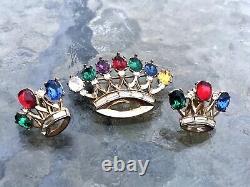 TRIFARI Philippe 40s DEAREST Royal Crown Crest Coronation Brooch Pin + Earrings