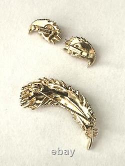 TRIFARI Plume Book-Set Alfred Philippe Feather Brooch Earrings Gold Pearls