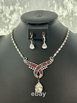 TRIFARI Rhodium Ruby Parure 1952 Earrings Necklace Alfred Philippe PAT PEND