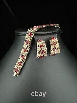 TRIFARI Ruby-RED Diamond Gold-Trifanium Alfred Philippe Earrings Bracelet Set