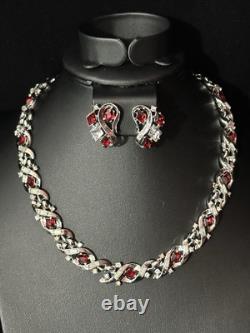 TRIFARI Ruby-RED Diamonds Alfred Philippe Demi-Parure Silver PAT PEND