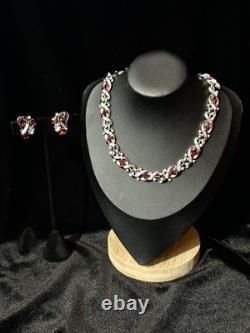 TRIFARI Ruby-RED Diamonds Alfred Philippe Demi-Parure Silver PAT PEND