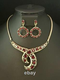 TRIFARI Ruby Red Diamanté Parure Alfred Philippe 1952 Drop-Dangle Crown withBox