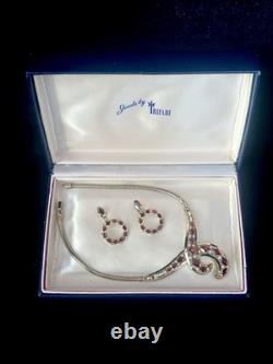 TRIFARI Ruby Red Diamanté Parure Alfred Philippe 1952 Drop-Dangle Crown withBox