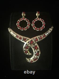 TRIFARI Ruby Red Diamanté Parure Alfred Philippe 1952 Drop-Dangle Crown withBox