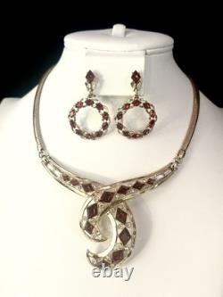 TRIFARI Ruby Red Diamanté Parure Alfred Philippe 1952 Drop-Dangle Crown withBox