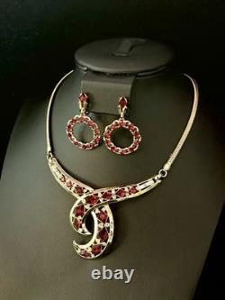 TRIFARI Ruby Red Diamanté Parure Alfred Philippe 1952 Drop-Dangle Crown withBox