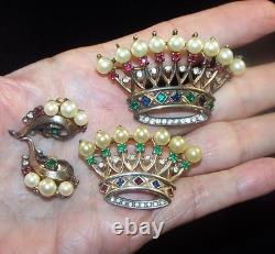 TRIFARI Sterling A. Philippe Large & Small Royal Crown of Pearls Pins & Earrings