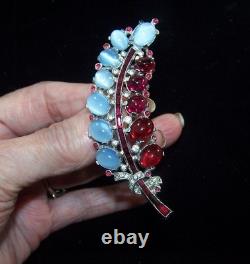 TRIFARI Sterling Alfred Philippe 1940s Moonstone & Ruby Cabochons Leaf Clip/Pin