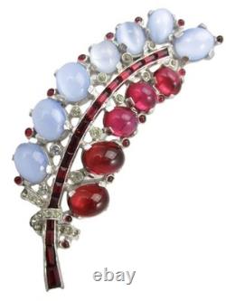 TRIFARI Sterling Alfred Philippe 1940s Moonstone & Ruby Cabochons Leaf Clip/Pin