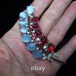 TRIFARI Sterling Alfred Philippe 1940s Moonstone & Ruby Cabochons Leaf Clip/Pin
