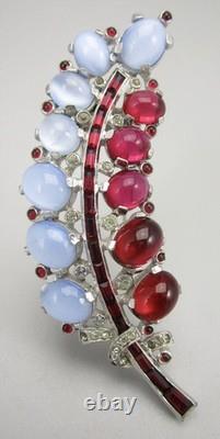 TRIFARI Sterling Alfred Philippe 1940s Moonstone & Ruby Cabochons Leaf Clip/Pin