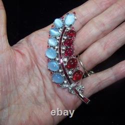 TRIFARI Sterling Alfred Philippe 1940s Moonstone & Ruby Cabochons Leaf Clip/Pin
