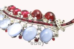 TRIFARI Sterling Alfred Philippe 1940s Moonstone & Ruby Cabochons Leaf Clip/Pin