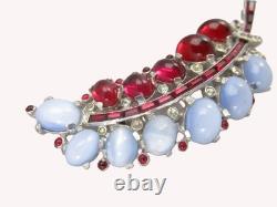 TRIFARI Sterling Alfred Philippe 1940s Moonstone & Ruby Cabochons Leaf Clip/Pin
