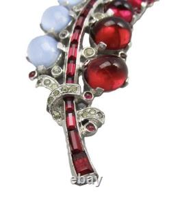 TRIFARI Sterling Alfred Philippe 1940s Moonstone & Ruby Cabochons Leaf Clip/Pin
