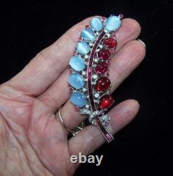 TRIFARI Sterling Alfred Philippe 1940s Moonstone & Ruby Cabochons Leaf Clip/Pin