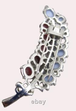 TRIFARI Sterling Alfred Philippe 1940s Moonstone & Ruby Cabochons Leaf Clip/Pin