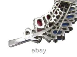 TRIFARI Sterling Alfred Philippe 1940s Moonstone & Ruby Cabochons Leaf Clip/Pin