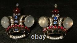 TWO VINTAGE TRIFARI STERLING SILVER RHINESTONE CROWN BROOCHES Alfred Philippe