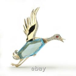 Trifari 1940's Alfred Philippe Gilded Sterling Blue Crystal Duck Bird Brooch