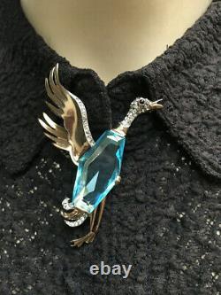 Trifari 1940's Alfred Philippe Gilded Sterling Blue Crystal Duck Bird Brooch