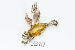 Trifari 1940s Alfred Philippe Gilded Sterling Yellow Crystal Duck Bird Brooch