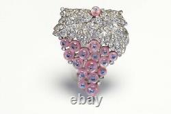 Trifari Alfred Philippe 1940's Rhodium Plated Pink Glass Beads Grape Pin Brooch