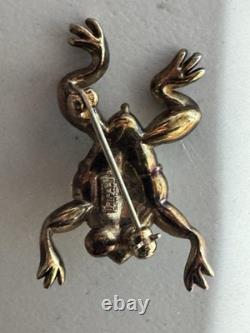 Trifari Alfred Philippe 1952 Green, Red Rhinestone & Pearl Frog Pin Brooch