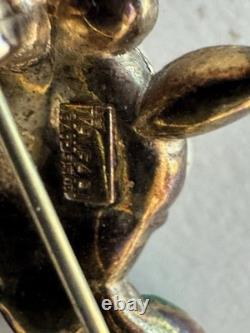 Trifari Alfred Philippe 1952 Green, Red Rhinestone & Pearl Frog Pin Brooch