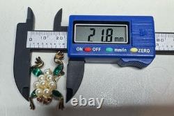 Trifari Alfred Philippe 1952 Green, Red Rhinestone & Pearl Frog Pin Brooch