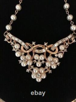 Trifari Alfred Philippe 1952 Parisienne Gold Necklace Faux Pearls Rhinestones