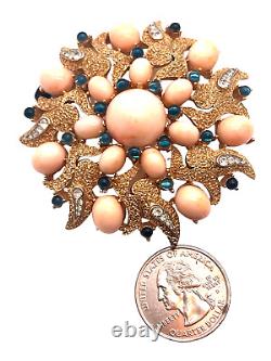 Trifari Alfred Philippe 1960's Pink Cabochon & Diamante Textured Brooch