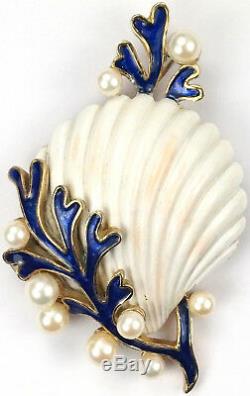 Trifari'Alfred Philippe' Blue Coral Pearl Bubbles & White Scallop Seashell Pin