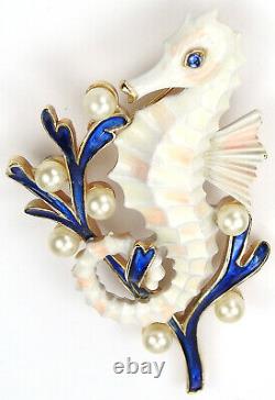 Trifari'Alfred Philippe' Blue Coral and Pearls White Seahorse Pin