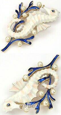 Trifari'Alfred Philippe' Blue Coral and Pearls White Seahorse Pin