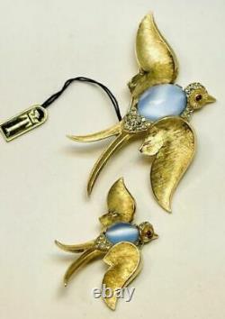 Trifari Alfred Philippe Blue Moonstone Cabochon Jelly Belly Flying Sparrow Pins