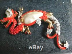 Trifari, Alfred Philippe, Chinese Ming Red Dragon, Pearl Belly Signed Brooch, Pin