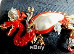 Trifari, Alfred Philippe, Chinese Ming Red Dragon, Pearl Belly Signed Brooch, Pin