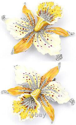 Trifari'Alfred Philippe' Cream Yellow Pave Red Spotted Orchid Flower Pin Clip